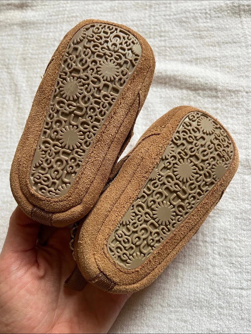 UGG Baby Chestnut Brown Suede Sheepskin Lined Slippers with Beaded Trim